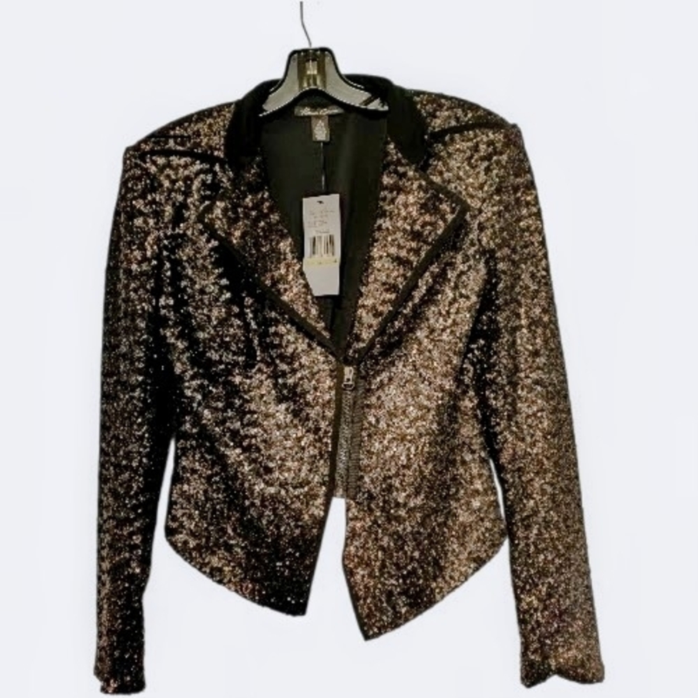 US4🖤Kenneth Cole Shimmering Black Gold Sequin Jacket